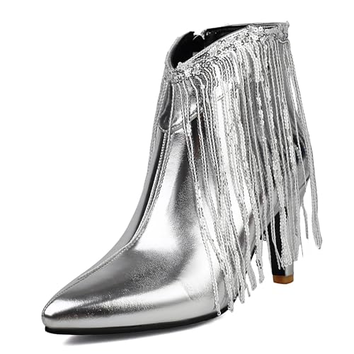 Diuniarza Hochzeit Mittelhohe Stiefel Stiefel Damen Pointed Toe Fransen Stiefel Stiefeletten Elegant Stileetos Shiny Silber Gr 39 EU/40 Diuniarza Hochzeit Mittelhohe Stiefel Stiefel Damen Pointed Toe Fransen Stiefel Stiefeletten Elegant Stileetos Shiny Silber Gr 39 EU/40 von Diuniarza
