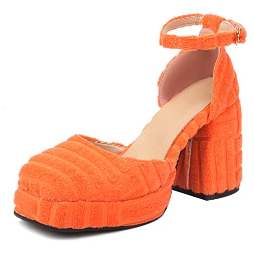 Diuniarza Hochzeit Schuhe Blockabsatz Square Toe Damensandalen Plateau Bogen Knöchelriemchen Weit Fit Pump Elegant Orange Gr 32 EU von Diuniarza