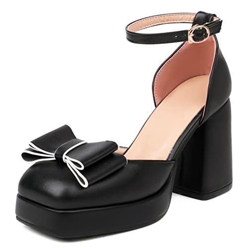 Diuniarza Hochzeit Schuhe Blockabsatz Square Toe Damensandalen Plateau Bogen Knöchelriemchen Weit Fit Pump Elegant Schwarz Gr 36 EU von Diuniarza