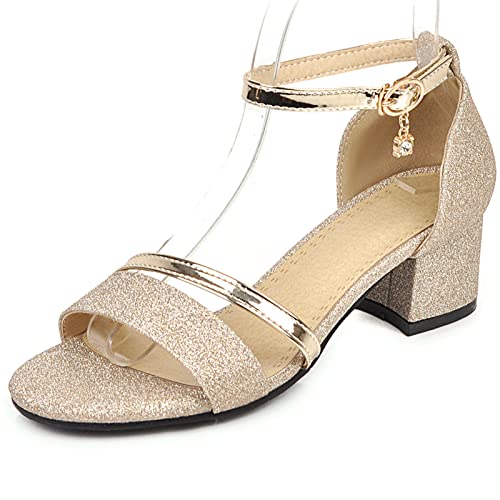 Diuniarza Hochzeit Schuhe Mitte Blockabsatz Offene Zeh Damensandalen Knöchelriemchen Glitzer Runde Zehen Elegant Party Sommer Gold Gr 46 EU/48 Asiatisch von Diuniarza