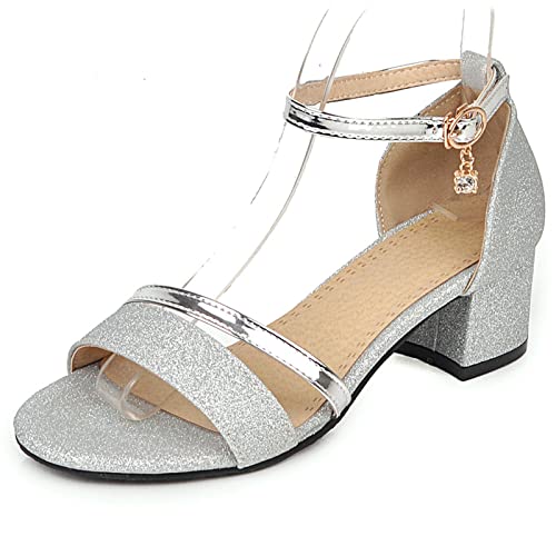 Diuniarza Hochzeit Schuhe Mitte Blockabsatz Offene Zeh Damensandalen Knöchelriemchen Glitzer Runde Zehen Elegant Party Sommer Silber Gr 45 EU/47 Asiatisch von Diuniarza