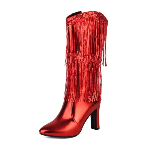 Diuniarza Höhe Ferse Party Fransen Stiefel Pointed Toe Halbschaft Bride Party Stiefeletten Elegant Sparkly Rot Gr 40.5 EU/42 von Diuniarza