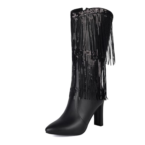 Diuniarza Höhe Ferse Party Fransen Stiefel Pointed Toe Halbschaft Bride Party Stiefeletten Elegant Sparkly Schwarz Gr 35 EU von Diuniarza