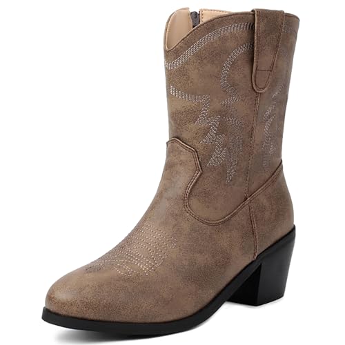 Diuniarza Hohe Stiefel Damen Westernstiefel Blockabsatz Party Bestickt Stiefel Mid Stiefeletten Mode Runde Zehen Retro Braun Gr 37 EU/38 von Diuniarza