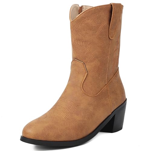 Diuniarza Hohe Stiefel Damen Westernstiefel Blockabsatz Party Bestickt Stiefel Mid Stiefeletten Mode Runde Zehen Retro Gelb Gr 37 EU/38 von Diuniarza