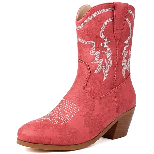 Diuniarza Hohe Stiefel Damen Westernstiefel Blockabsatz Party Bestickt Stiefel Mid Stiefeletten Mode Runde Zehen Retro Rot Gr 40.5 EU/42 von Diuniarza