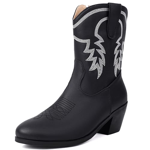 Diuniarza Hohe Stiefel Damen Westernstiefel Blockabsatz Party Bestickt Stiefel Mid Stiefeletten Mode Runde Zehen Retro Schwarz Gr 38 EU/39 von Diuniarza