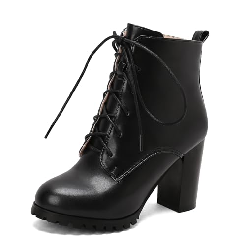 Diuniarza Hohen Blockabsatz Schnüren Stiefeletten Damen Stiefeletten Biker Stiefeletten Runde Zehen Draußen Skidproof Kurzschaft Stiefel Schwarz Gr 45 EU/47 von Diuniarza