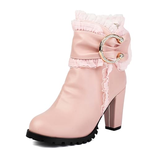 Diuniarza Hohen Blockabsatz Stiefel Damen Stiefeletten Party Mode Ruffles Klassische Runde Zehen Reißverschluss Stiefeletten Prom Pink Gr 36.5 EU/37 von Diuniarza
