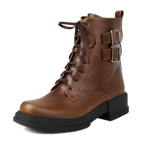 Diuniarza Kampfstiefel Damen Runde Zehen Schnüren Stiefeletten Leisure Military Retro Arbeit Stiefel Klassische Block Stiefel Stiefeletten Gelb Gr 40 EU/41 von Diuniarza