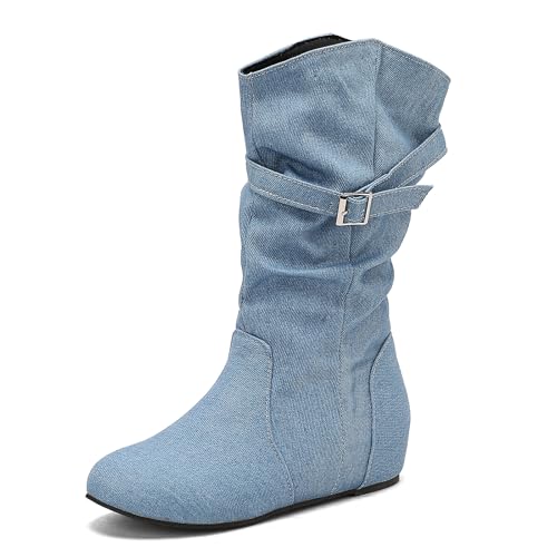 Diuniarza Keilabsatz Lockere Stiefel Damen Leisure Reitstiefel Runde Zehen Ohne Verschluss Loose Keilabsatz Stiefel Blau Gr 39 EU/40 von Diuniarza