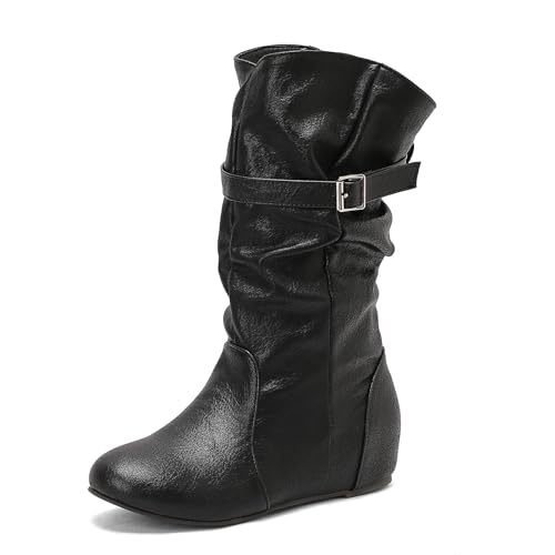 Diuniarza Keilabsatz Lockere Stiefel Damen Leisure Reitstiefel Runde Zehen Ohne Verschluss Loose Keilabsatz Stiefel Schwarz Gr 40 EU/41 von Diuniarza