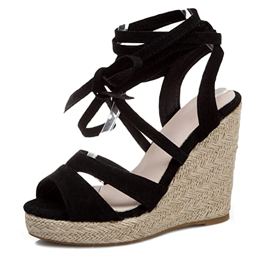 Diuniarza Keilabsatz Sandals Damen Mode Peep Toe High Sandalen Plateau Sandals Espadrille Leisure Schwarz Gr 39 EU/40 von Diuniarza