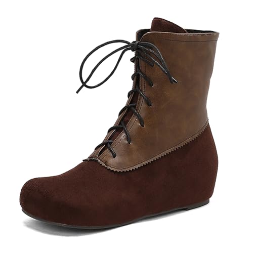 Diuniarza Keilabsatz Stiefeletten Damen Schnüren Retro Leisure Retro Weit Fit Klassische Wram Riding Stiefeletten Braun Gr 39 EU/40 von Diuniarza