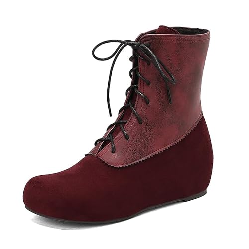 Diuniarza Keilabsatz Stiefeletten Damen Schnüren Retro Leisure Retro Weit Fit Klassische Wram Riding Stiefeletten Rot Gr 36.5 EU/37 von Diuniarza