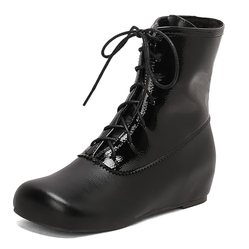 Diuniarza Keilabsatz Stiefeletten Damen Schnüren Retro Leisure Retro Weit Fit Klassische Wram Riding Stiefeletten Schwarz Gr 46 EU/48 von Diuniarza