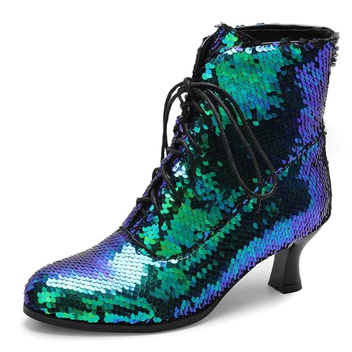 Diuniarza Kitten Heel Ankle Damen Pailletten Party Stiefeletten Runde Zehen Glitzer Abend Mitte Absatz Grün Gr 32 EU von Diuniarza