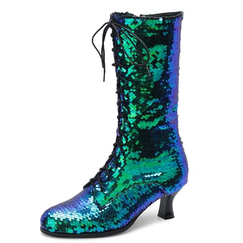 Diuniarza Kitten Heel Ankle Damen Pailletten Party Stiefeletten Runde Zehen Glitzer Abend Mitte Absatz Grün Gr 40.5 EU/42 von Diuniarza