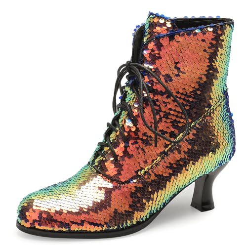 Diuniarza Kitten Heel Ankle Damen Pailletten Party Stiefeletten Runde Zehen Glitzer Abend Mitte Absatz Mehrfarbig Gr 37 EU/38 von Diuniarza
