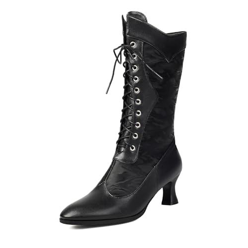 Diuniarza Kitten Heel Hohe Stiefel Damen Schnüren Stiefeletten Elegant Buro Mid Stiefeletten Print Schwarz Gr 36.5 EU/37 von Diuniarza