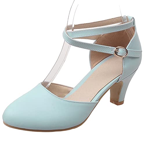 Diuniarza Kitten Heel Runde Zehen Damensandalen Knöchelriemchen Pumps Pump Strappy Geschlossen Elegant Sommer Kleid Blau Gr 39 EU/40 Asiatisch von Diuniarza