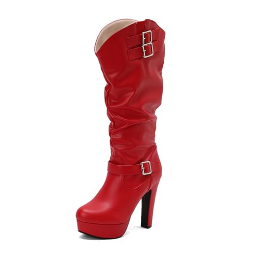 Diuniarza Knee High Lockere Stiefel Damen Mode Plateau Elegant Weit Calf Runde Zehen Mode Anzugstiefel Rot Gr 46 EU/48 von Diuniarza