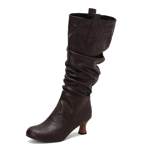 Diuniarza Knee High Lockere Stiefel Damen Runde Zehen Kitten Stiefel Party Bürostiefel Overknees Braun Gr 40.5 EU/42 von Diuniarza