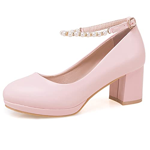 Diuniarza Knöchelriemchen Chunky Schuhe Damen Runde Zehen Mary Jane Blockabsatz Runde Zehen Bride Schuhe Pink Gr 37 EU/38 von Diuniarza