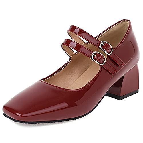Diuniarza Lack Mary Jane Damen Blockieren Fersenpumps Square Toe Klassisches Knöchelriemchen Mode Concise Sommer Abendschuhe Rot Gr 38 EU/39 Asiatisch von Diuniarza