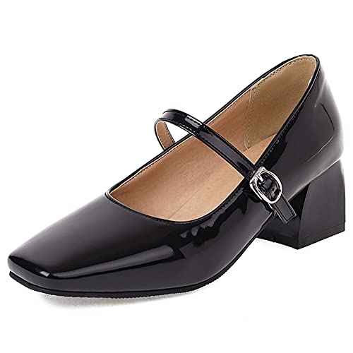 Diuniarza Lack Mary Jane Damen Blockieren Fersenpumps Square Toe Klassisches Knöchelriemchen Mode Concise Sommer Abendschuhe Schwarz Gr 36.5 EU/37 Asiatisch von Diuniarza