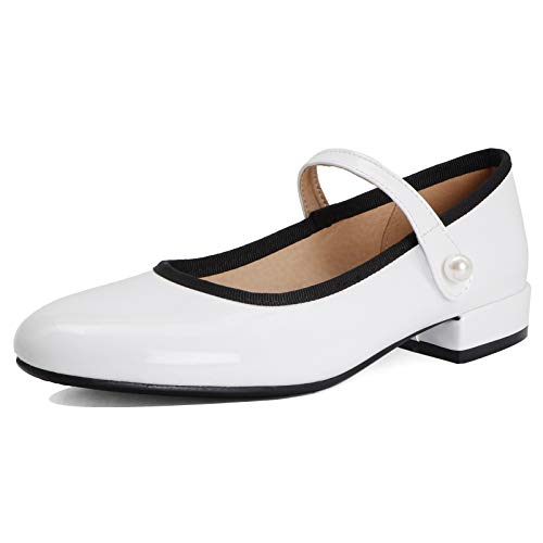 Diuniarza Lack Mary Jane Damen Klassische Blockabsatz Pumps British Style Komfort Schuluniform Retro Abendschuhe Weiß Gr 40.5 EU/42 Asiatisch von Diuniarza