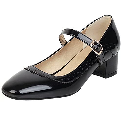 Diuniarza Lack Mary Jane Damen Square Toe Blockabsatz Pumps Knöchelriemchen Klassisches Elegant Abendschuhe Mode Schwarz Gr 46 EU/48 Asiatisch von Diuniarza