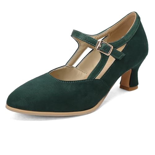 Diuniarza Low Kitten Heel Damen Party Mary Jane Dancing Comfy Low Blockabsatz Schnalle Wildleder Grün Gr 37 EU/38 von Diuniarza