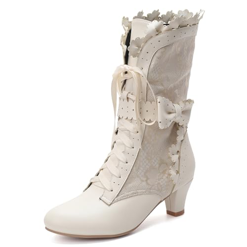 Diuniarza Low Kitten Stiefel Damen Bogen Hohe Stiefel Motorradstiefel Comfy Blumen Spitze Runde Zehen Klassische Schnürstiefel Weiß Gr 40 EU/41 von Diuniarza