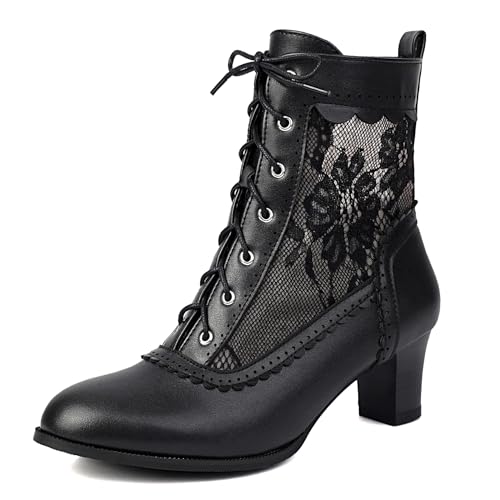 Diuniarza Mesh Stiefeletten Damen Mode Arbeit Mid Stiefel Elegant Biber Stiefel Runde Zehen Schnüren Kurzschaft Stiefel Schwarz Gr 37 EU/38 von Diuniarza