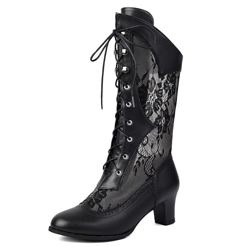 Diuniarza Mesh Stiefeletten Damen Mode Arbeit Mid Stiefel Elegant Biber Stiefel Runde Zehen Schnüren Kurzschaft Stiefel Schwarz Gr 37 EU/38 von Diuniarza