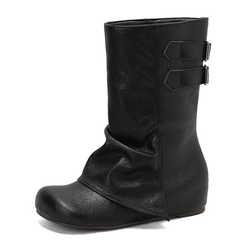 Diuniarza Mid Lockere Stiefel Damen Ohne Verschluss Retro Stiefel Runde Zehen Weit Calf Schwarz Gr 38 EU/39 von Diuniarza
