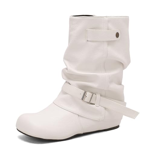 Diuniarza Mid Lockere Stiefel Damen Ohne Verschluss Retro Stiefel Runde Zehen Weit Calf Weiß Gr 37 EU/38 von Diuniarza