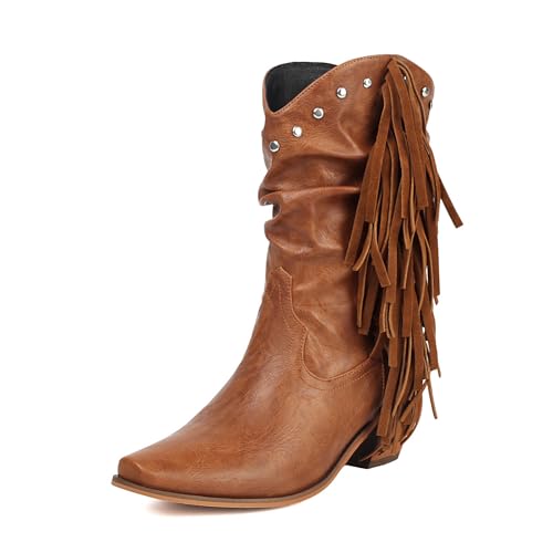 Diuniarza Mid Stiefel Damen Pointed Square Toe Westernstiefel Leisure Halbschaft Stiefeletten Ohne Verschluss Retro Cowboystiefel Braun Gr 40.5 EU/42 von Diuniarza