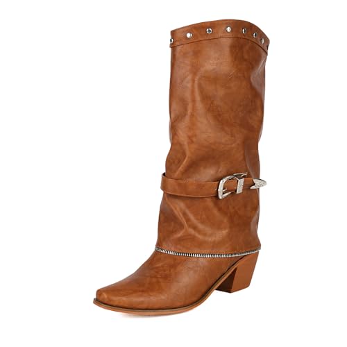Diuniarza Mid Stiefel Damen Pointed Square Toe Westernstiefel Leisure Halbschaft Stiefeletten Ohne Verschluss Retro Cowboystiefel Braun Gr 40.5 EU/42 von Diuniarza
