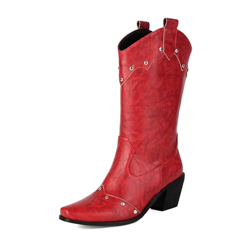 Diuniarza Mid Stiefel Damen Pointed Square Toe Westernstiefel Leisure Halbschaft Stiefeletten Ohne Verschluss Retro Cowboystiefel Rot Gr 40 EU/41 von Diuniarza