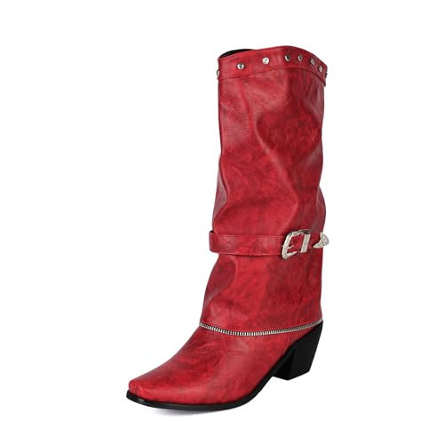 Diuniarza Mid Stiefel Damen Pointed Square Toe Westernstiefel Leisure Halbschaft Stiefeletten Ohne Verschluss Retro Cowboystiefel Rot Gr 47 EU/49 von Diuniarza
