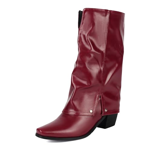 Diuniarza Mid Stiefel Damen Pointed Square Toe Westernstiefel Leisure Halbschaft Stiefeletten Ohne Verschluss Retro Cowboystiefel Rot Gr 48 EU/50 von Diuniarza