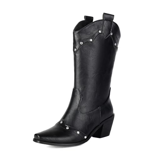 Diuniarza Mid Stiefel Damen Pointed Square Toe Westernstiefel Leisure Halbschaft Stiefeletten Ohne Verschluss Retro Cowboystiefel Schwarz Gr 42 EU/44 von Diuniarza