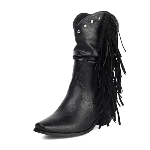 Diuniarza Mid Stiefel Damen Pointed Square Toe Westernstiefel Leisure Halbschaft Stiefeletten Ohne Verschluss Retro Cowboystiefel Schwarz Gr 48 EU/50 von Diuniarza