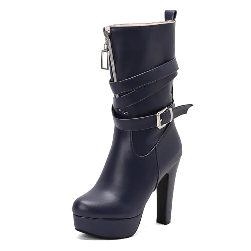 Diuniarza Mid Stiefel Damen Runde Zehen Höhe Ferse Stiefel Plateau Elegant Hohe Stiefel Winter Mode Kleid Stiefeletten Blau Gr 36.5 EU/37 von Diuniarza