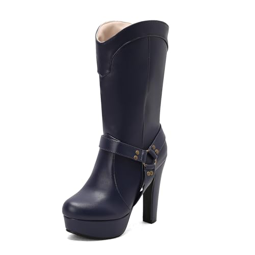 Diuniarza Mid Stiefel Damen Runde Zehen Höhe Ferse Stiefel Plateau Elegant Hohe Stiefel Winter Mode Kleid Stiefeletten Blau Gr 42 EU/44 von Diuniarza