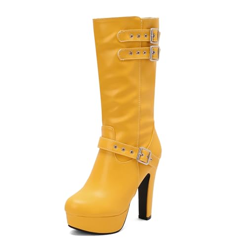 Diuniarza Mid Stiefel Damen Runde Zehen Höhe Ferse Stiefel Plateau Elegant Hohe Stiefel Winter Mode Kleid Stiefeletten Gelb Gr 36.5 EU/37 von Diuniarza