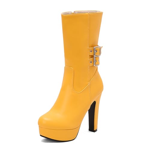 Diuniarza Mid Stiefel Damen Runde Zehen Höhe Ferse Stiefel Plateau Elegant Hohe Stiefel Winter Mode Kleid Stiefeletten Gelb Gr 44 EU/46 von Diuniarza