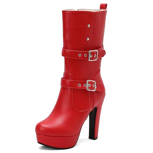 Diuniarza Mid Stiefel Damen Runde Zehen Höhe Ferse Stiefel Plateau Elegant Hohe Stiefel Winter Mode Kleid Stiefeletten Rot Gr 35 EU von Diuniarza
